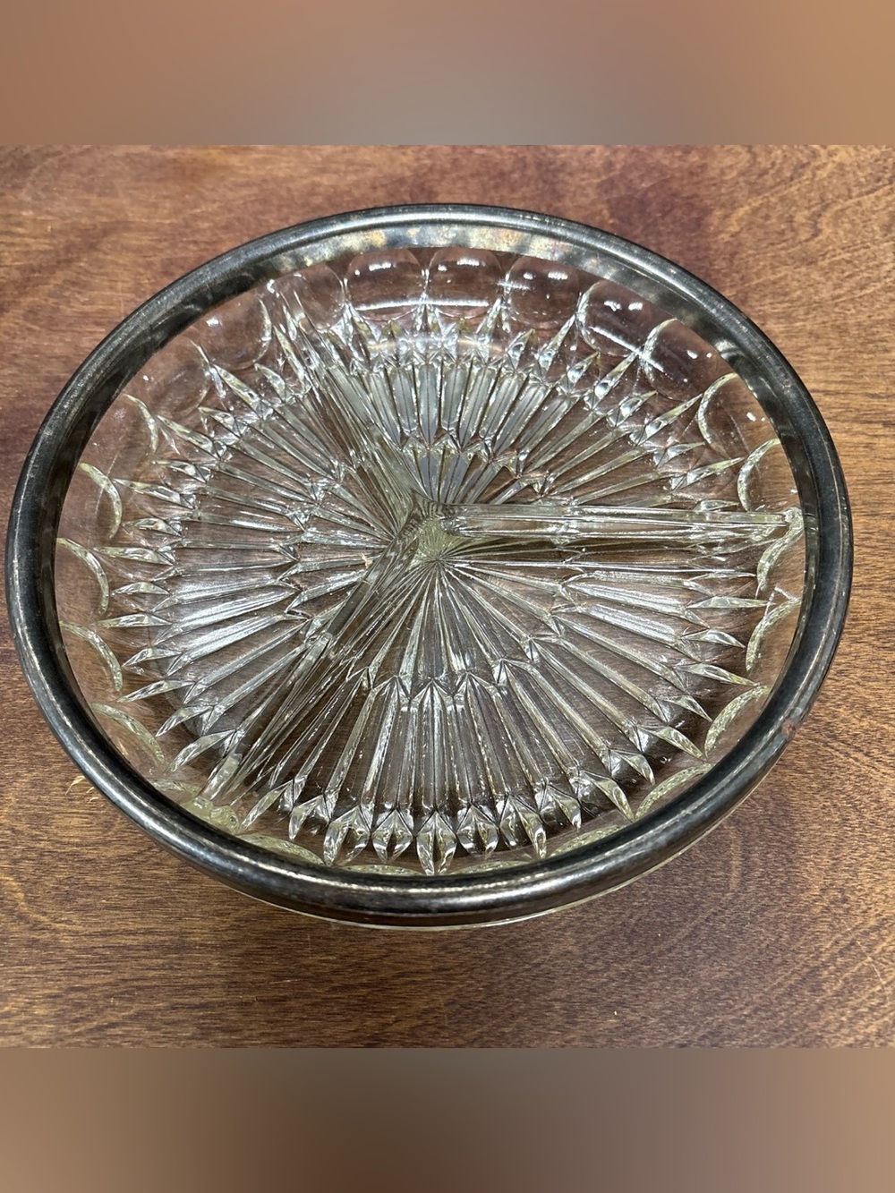 Vintage Cut Glass Relish Dish with Silver-Tone Rim - Clear